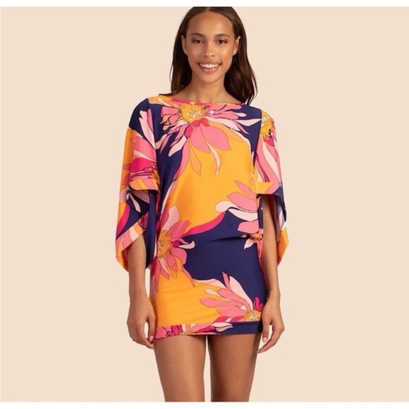 Trina Turk M Breeze Floral Swimsuit Jersey Cover Up Retro Caftan Tunic Dress - Picture 1 of 12